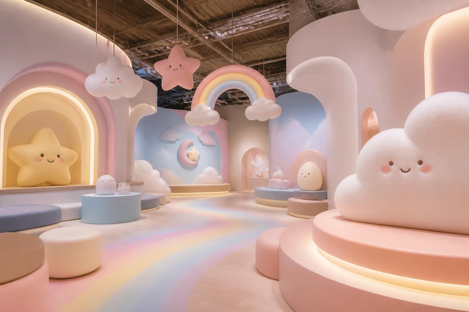 Floating FLOATHINGS characters in a pop-up branded retail space