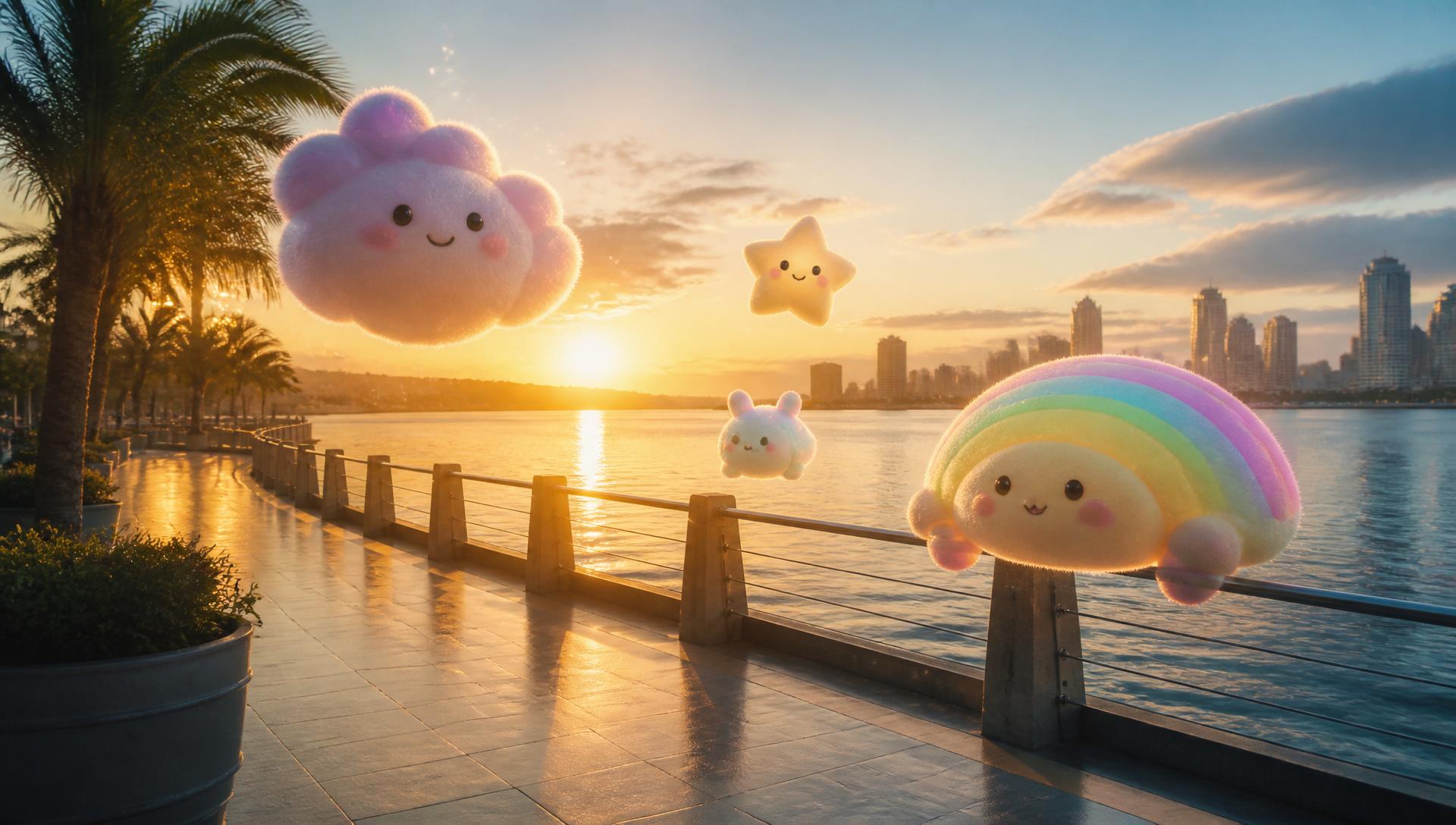 Floating FLOATHINGS characters along a seaside promenade at golden hour