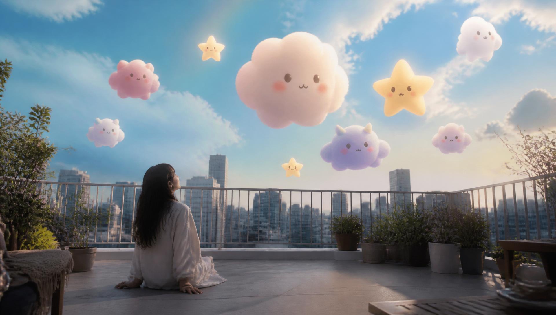 Floating FLOATHINGS characters on a rooftop facing an open sky